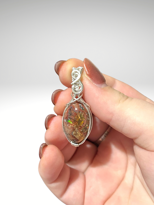 Mexican opal wire wrap pendant