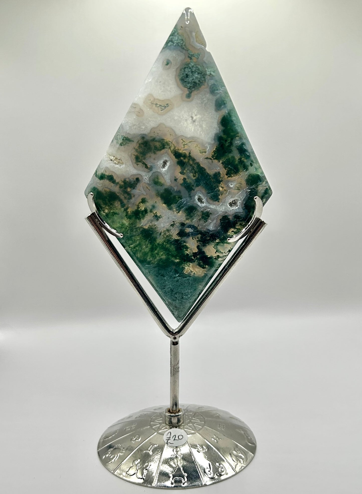 Moss agate diamond on stand