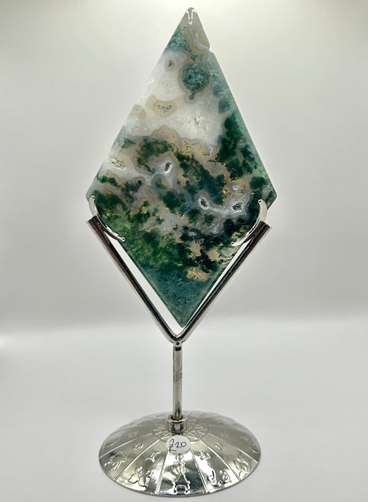 Moss agate diamond on stand