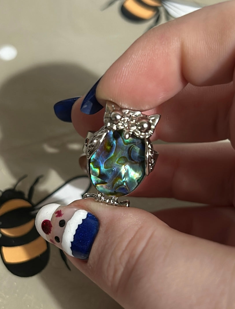 Abalone shell owl ring
