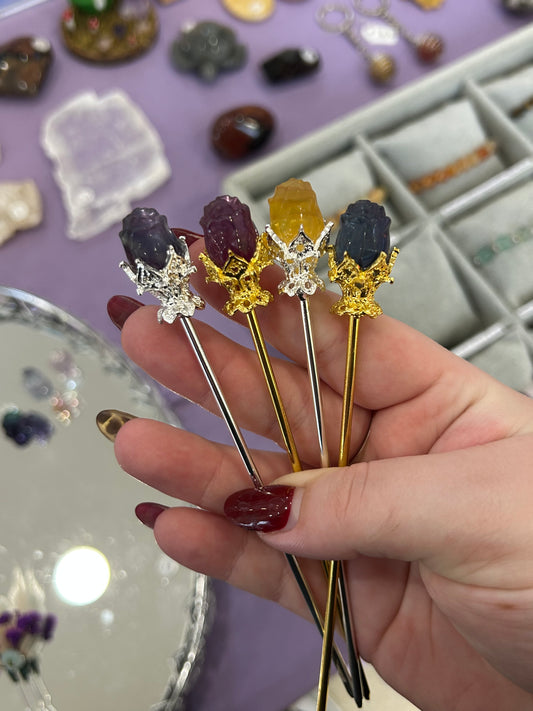 Fluorite flower hair pins